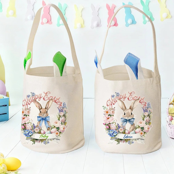 Personalized Wreath Cartoon Rabbit Easter Basket