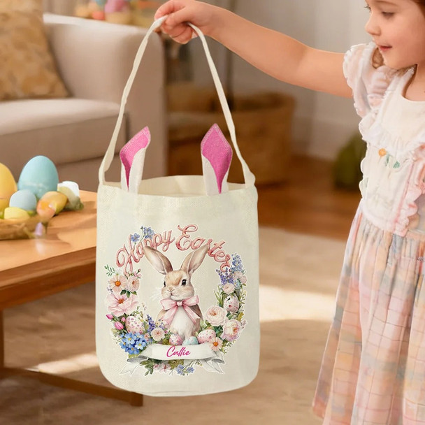 Personalized Wreath Cartoon Rabbit Easter Basket