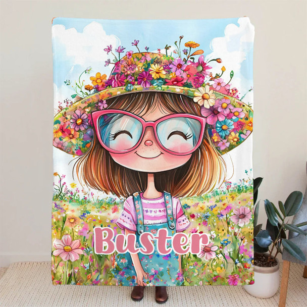 Personalized Cartoon Quirky Flower Girl Throw Blanket with Name
