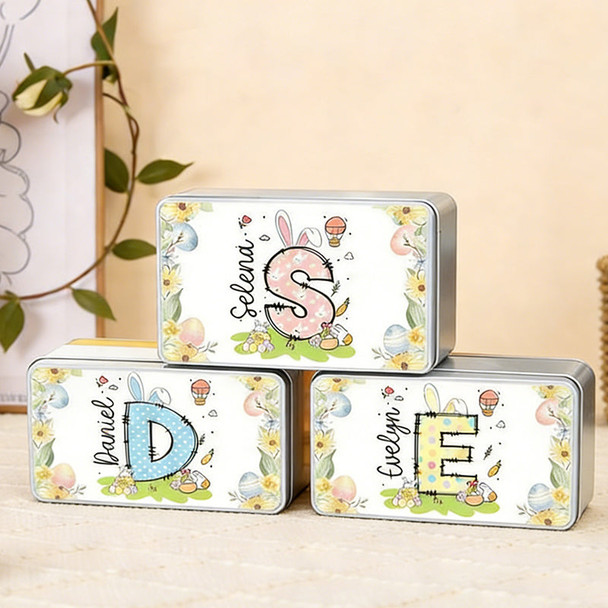Personalized Floral Bunny Initial Easter Egg Biscuit Tin Box