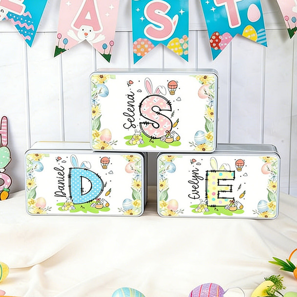 Personalized Floral Bunny Initial Easter Egg Biscuit Tin Box
