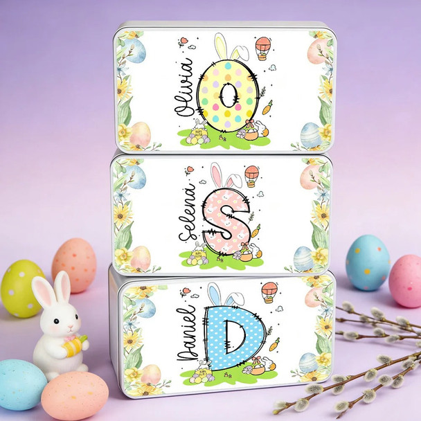 Personalized Floral Bunny Initial Easter Egg Biscuit Tin Box