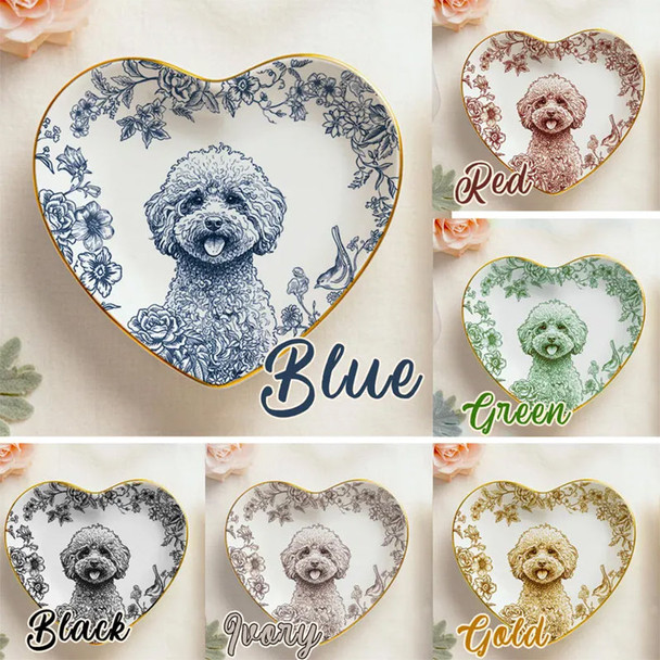 Custom Pet Portrait Jewelry Dish: Toile De Jouy Ceramic Trinket Dish