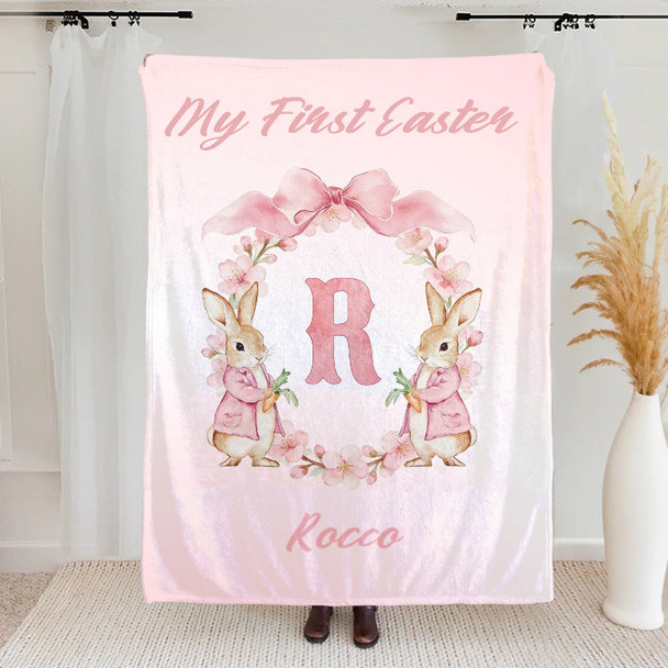Personalized Easter Watercolor Bunny Bow Wreath Blanket