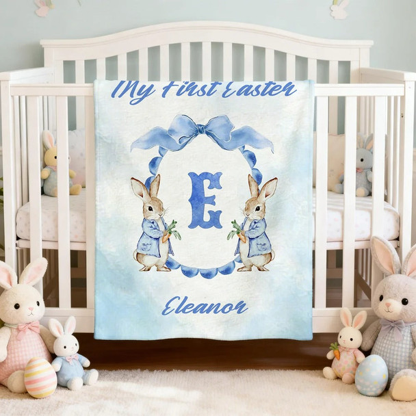 Personalized Easter Watercolor Bunny Bow Wreath Blanket