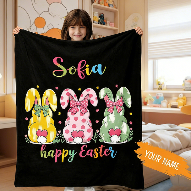 Personalized Easter Bunny Blanket, Custom Kids Name Blanket