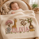 Personalized Knit Safari Animals Baby Blanket Name, Custom Embroidered Elephant Lion Baby Blanket