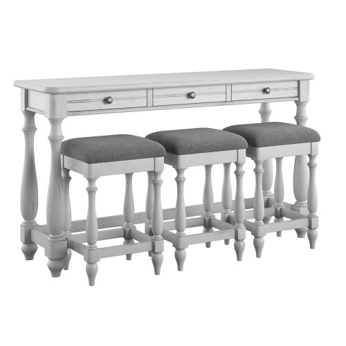 Ellison Oyster Shell Gray 64" Wide Wood Sofa Table with Three Nestable Stools - Silo Angle