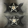 Candle Holder Triple Moon w/ Pentacle Engraved Soapstone Black 6"