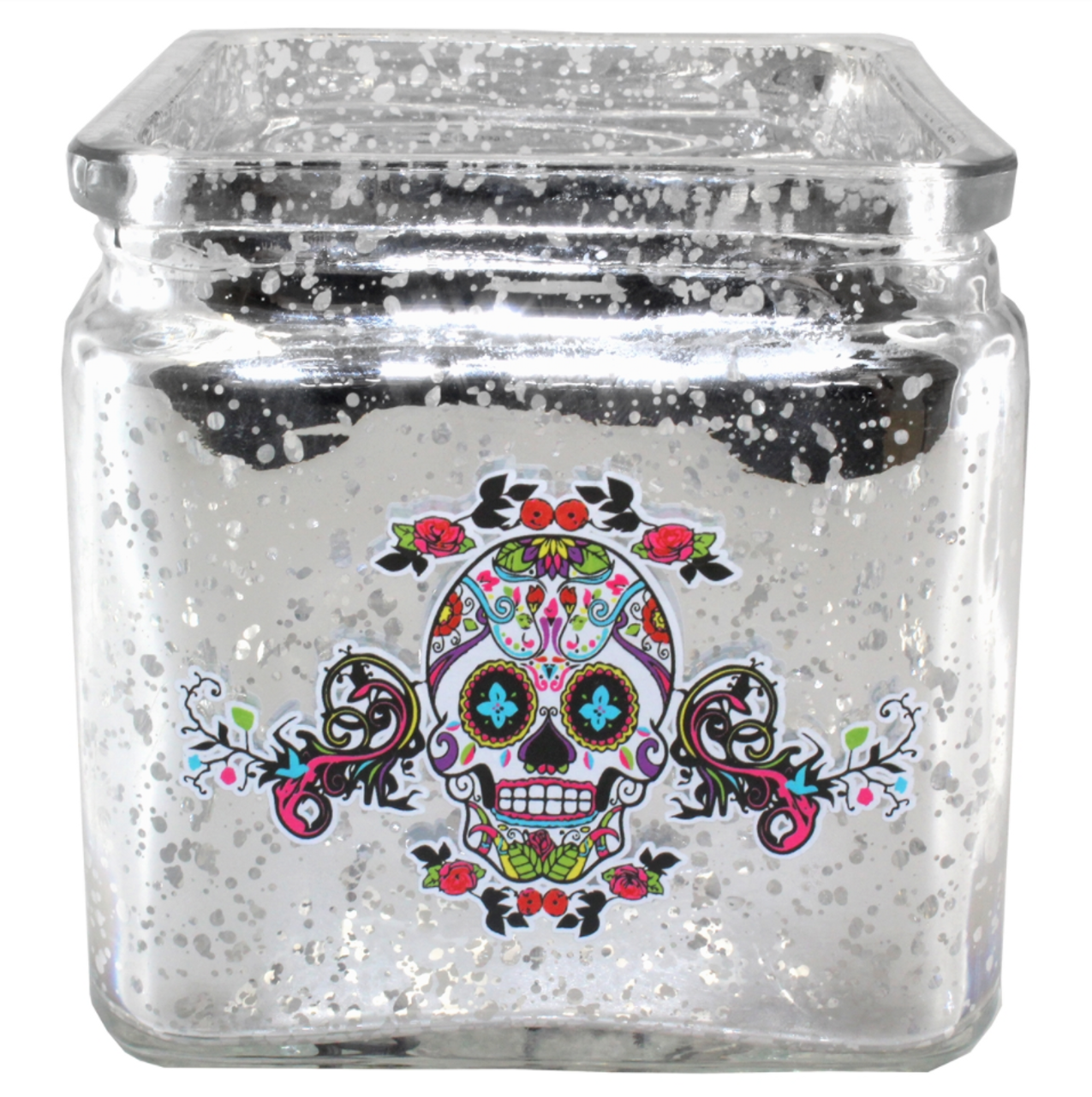 Candle Holder Multi - Sugar Skull  - Mercury Glass - Square