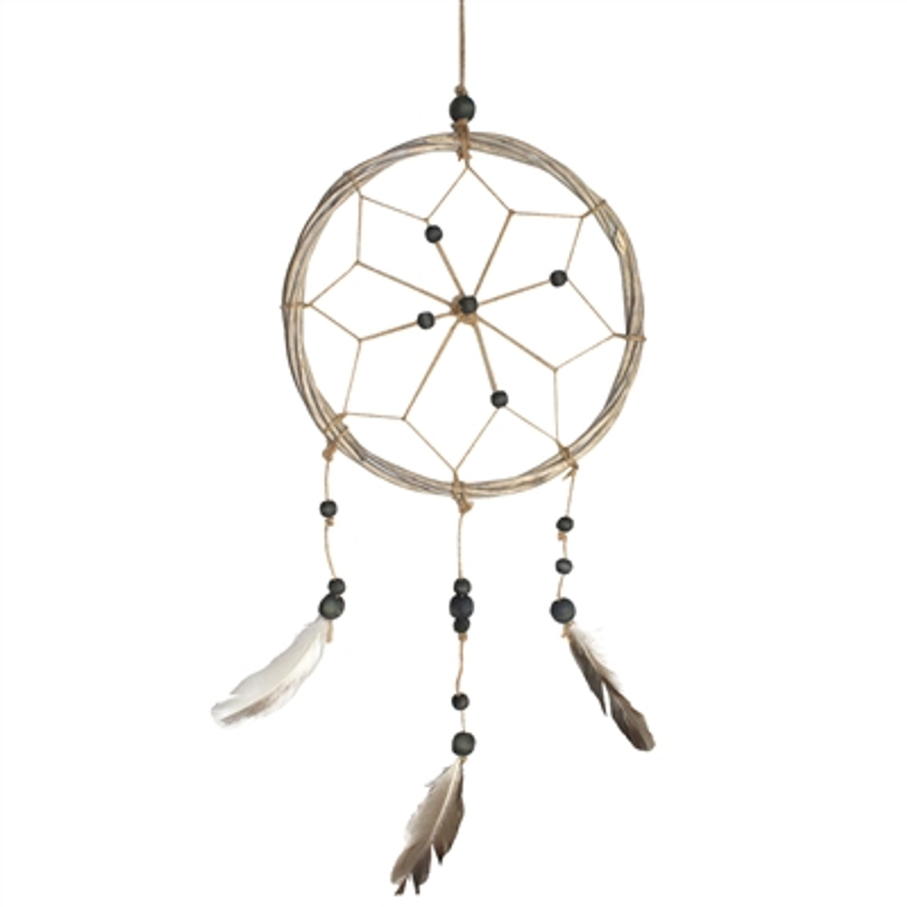 Dreamcatcher - Jute, Black Beads & Feathers 16"