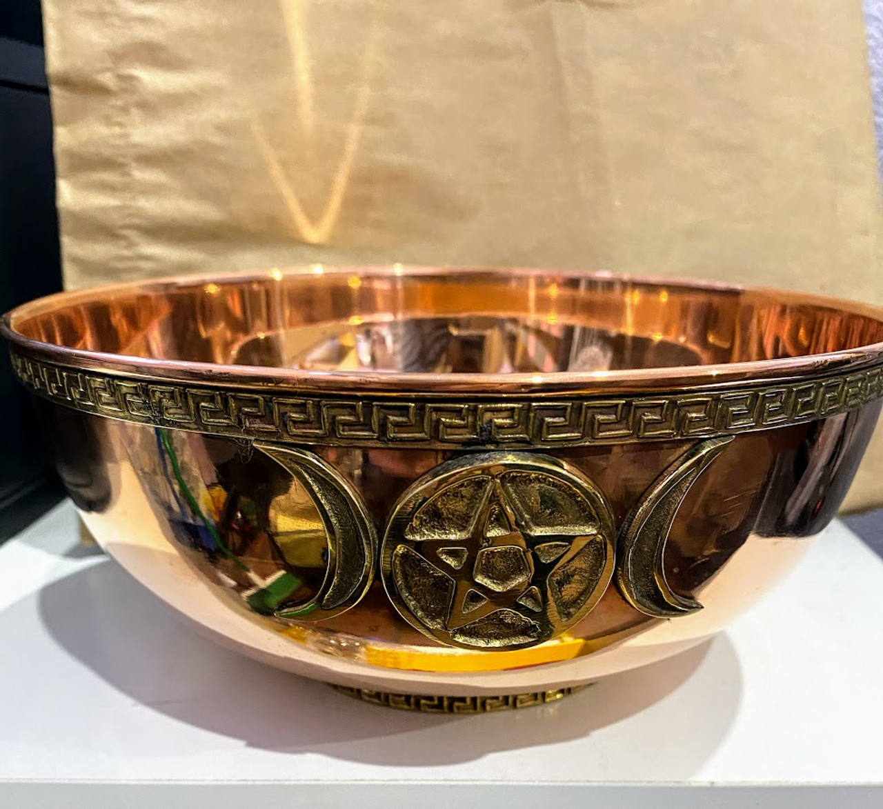 Bowl Copper with Brass Trim for Offerings Triple Moon 8"