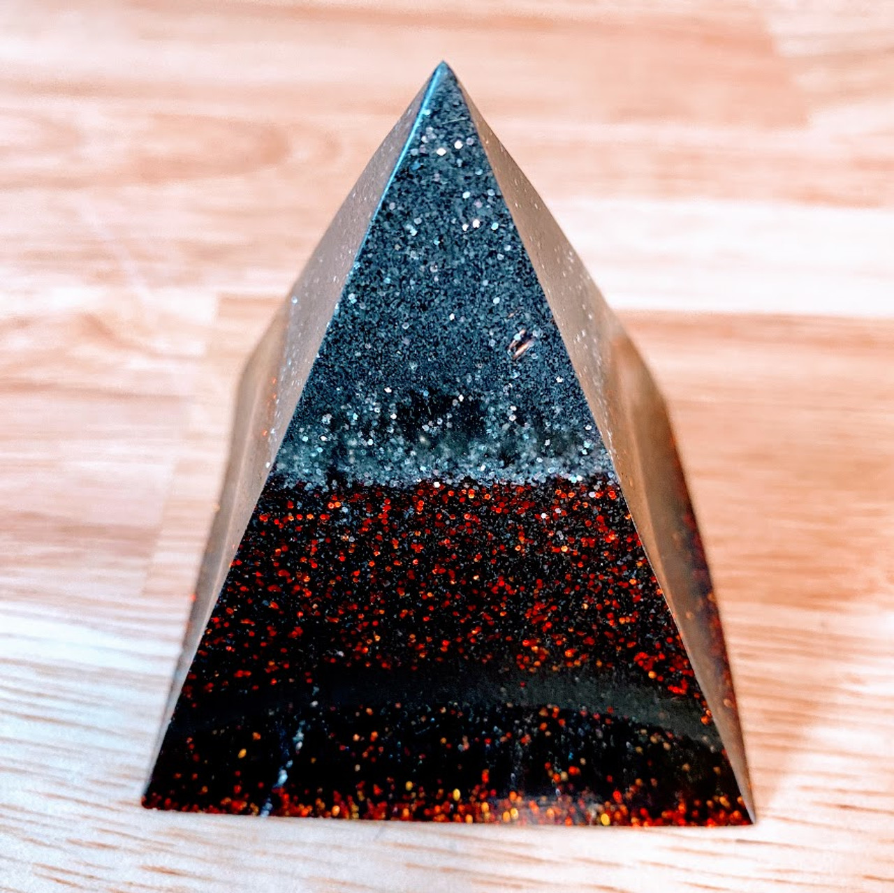 Orgonite Pyramid Red Glitter Bottom Black Silver top 2.5"H