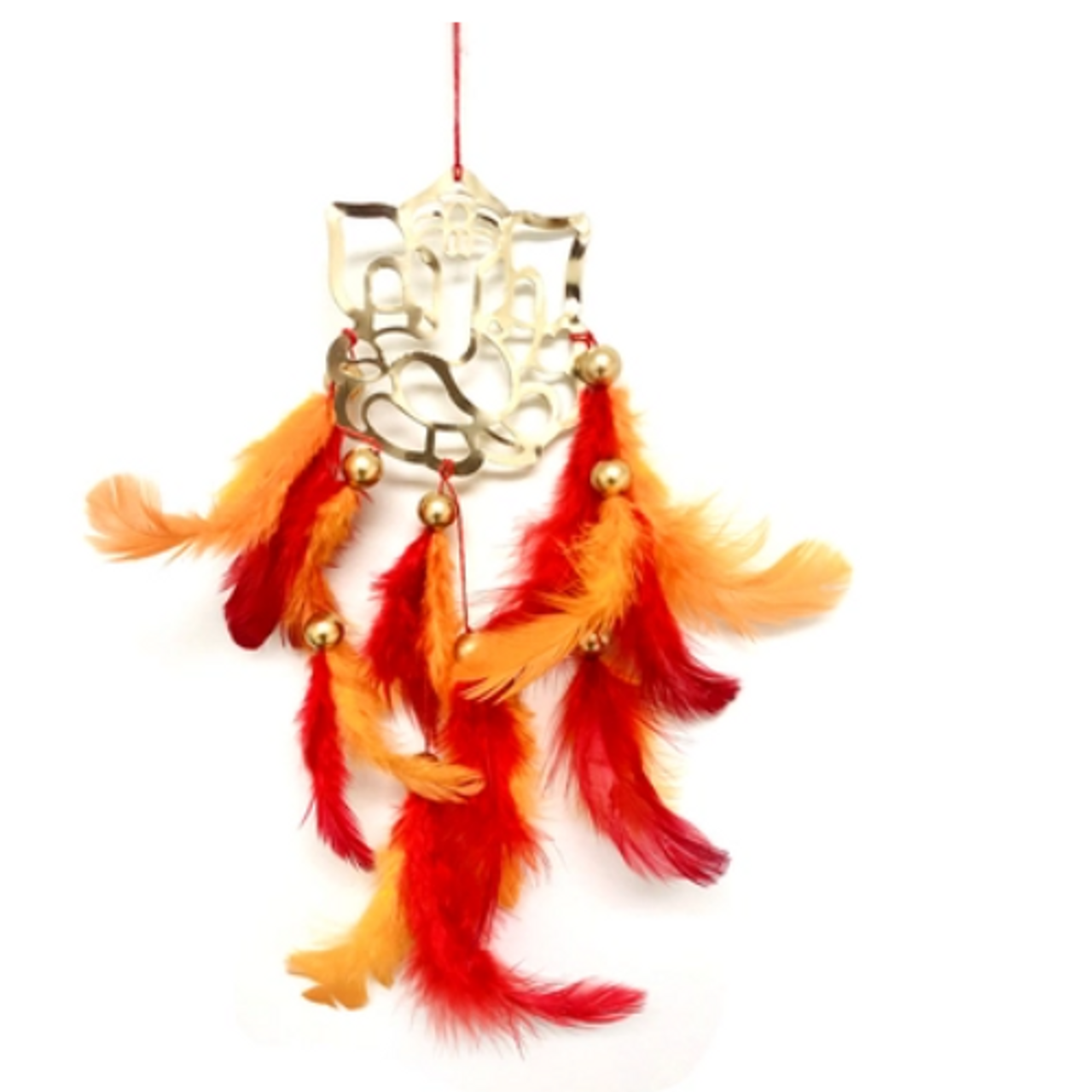Dream Catcher - Ganesha in Gold w/ Red Orange Feathers 10"