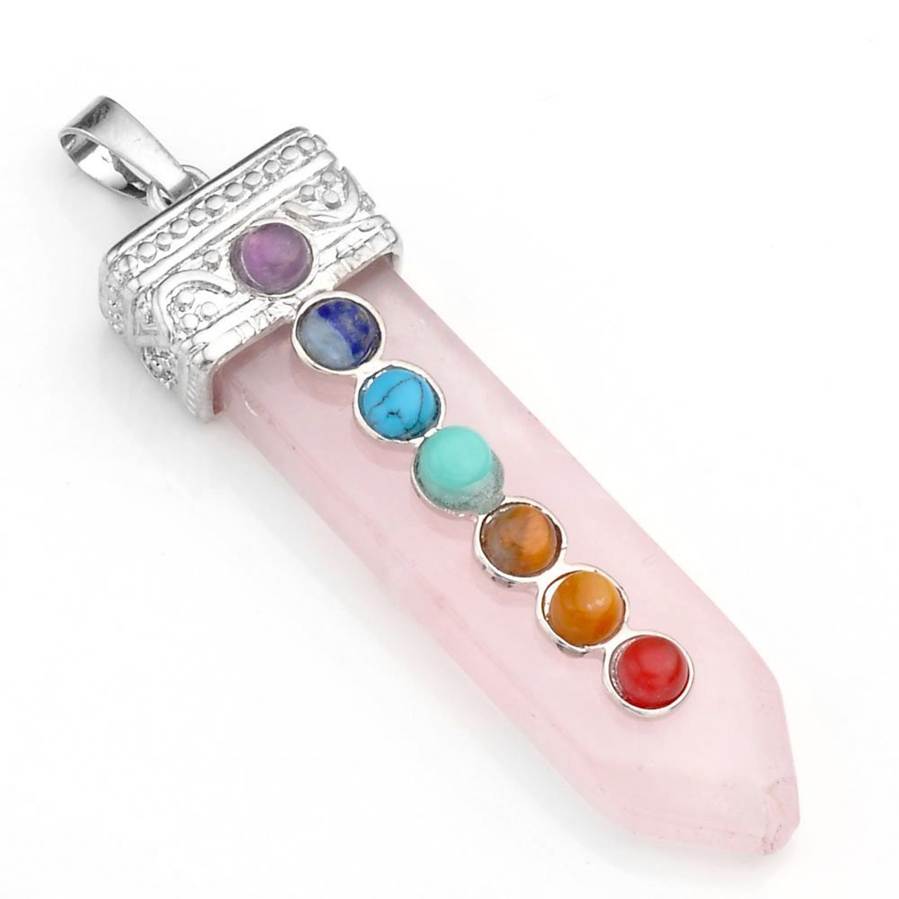 Quartz Rose 7 Chakra Flat Pendant on chain