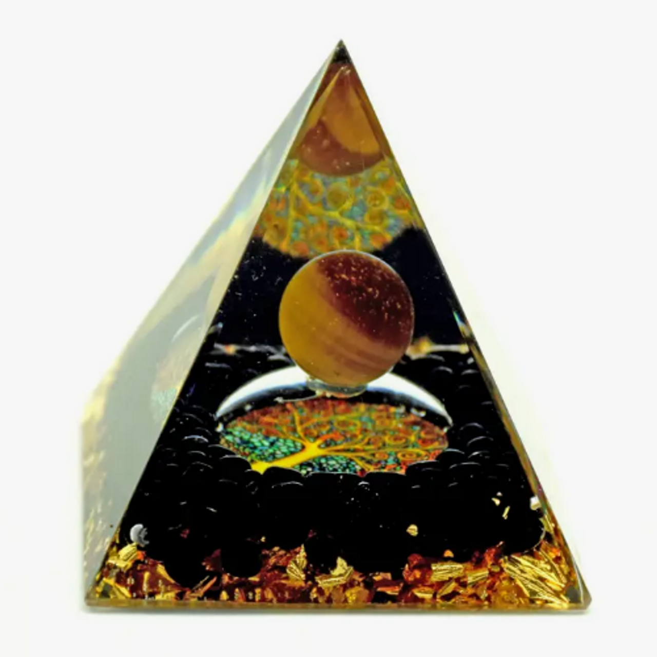 Orgonite Pyramid - Tiger Eye Sphere w/ Tourmaline Black Chips & Tree of Life Foil