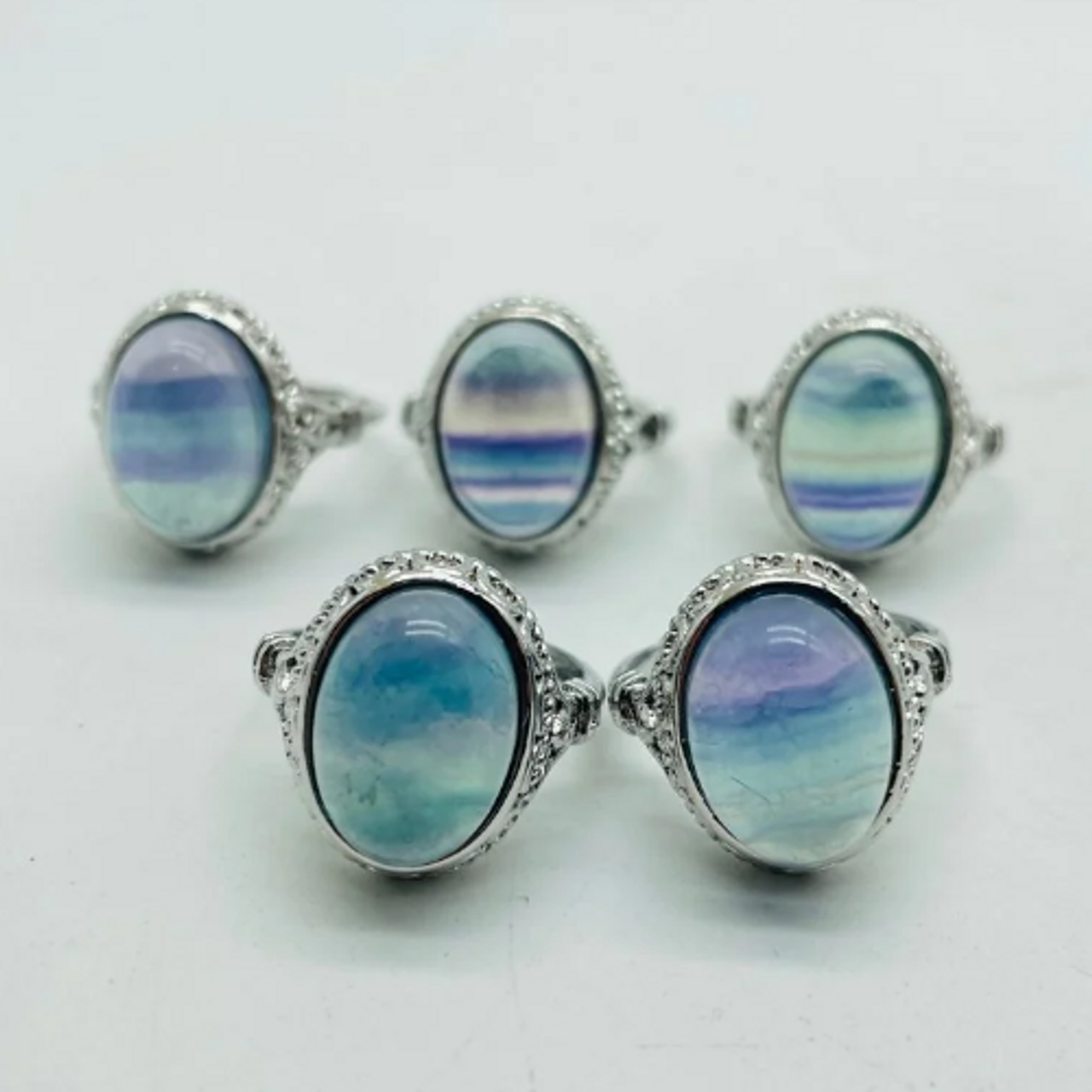 Fluorite Pastel Rainbow Ring Stainless Steel Adjustable