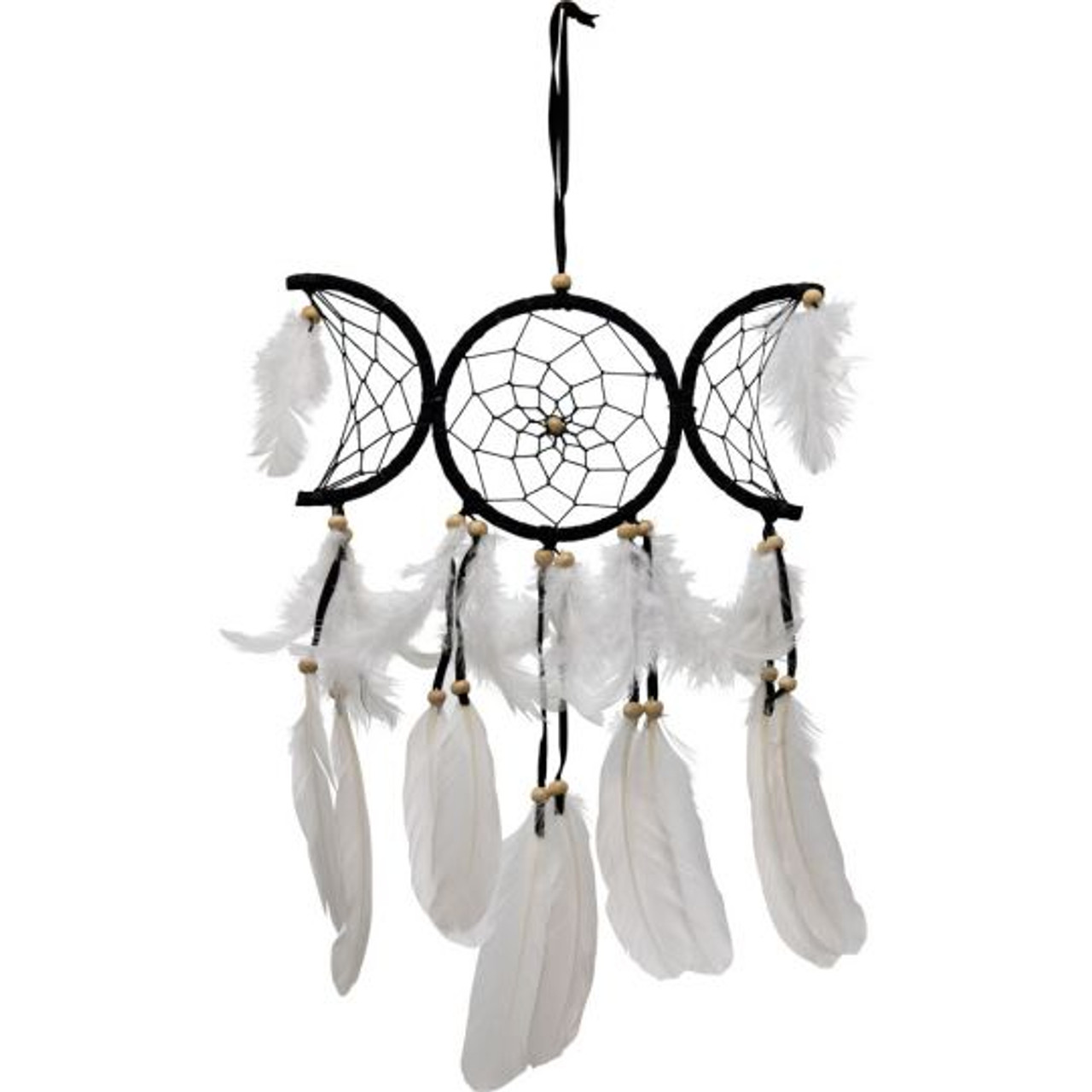 Dreamcatcher - Triple Moon Black with White Feathers