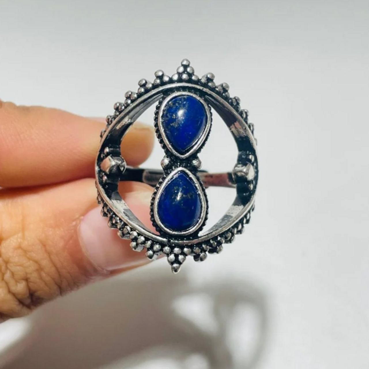 Lapis Lazuli Hourglass Ring Stainless Steel Adjustable