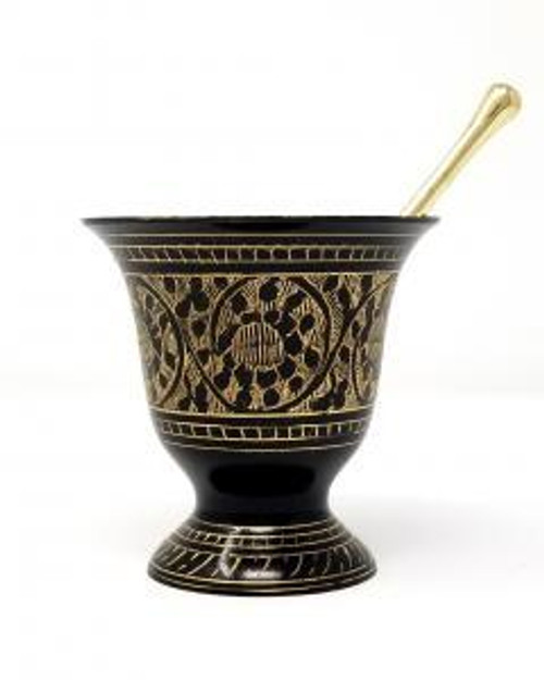 Mortar & Pestle Brass Black Carved 3.5"