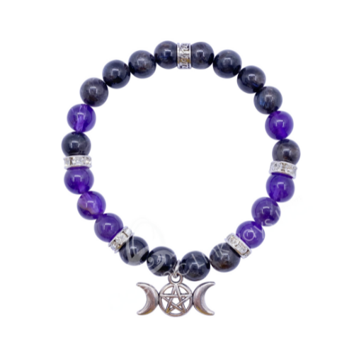 GB Amethyst & Nuummite 8mm Round Bead w/ Triple Moon Elastic Bracelet