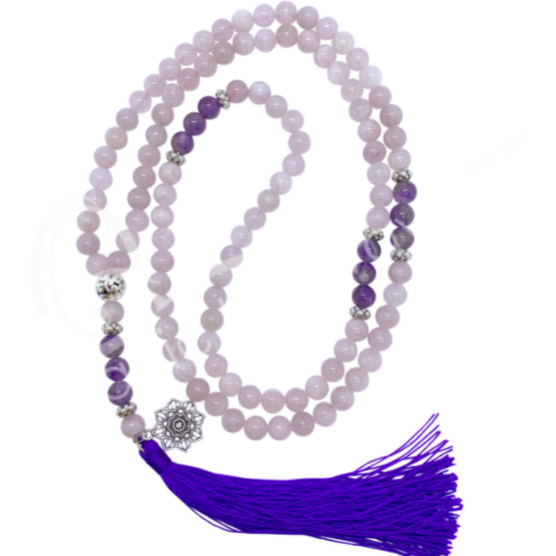 Jap Mala Rose Quartz & Iolite w/ Lotus and Metal Spacers