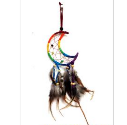 Dream Catcher - 3"+ Crescent Moon Multi-Colored w Feathers & Beads