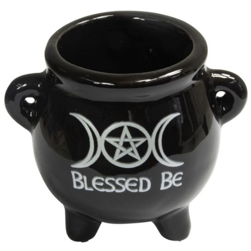 Cauldron Mini Ceramic - Triple Moon w/ Pentacle Blessed Be