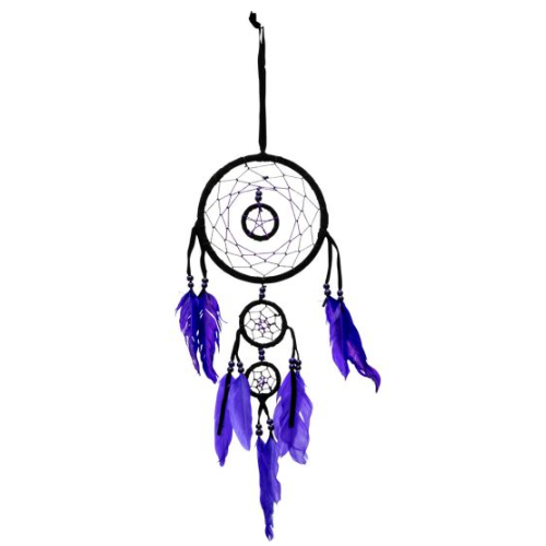 Dreamcatcher - Black w/ Pentagram & Purple Feathers 19"
