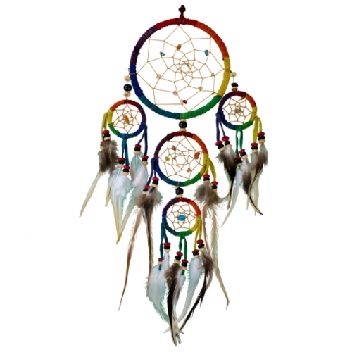 Dreamcatcher - Rainbow Leather w/ Gray White Feathers 15"