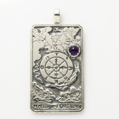 Tarot Wheel of Fortune SS Pendant Large w/ Gemstone Inset