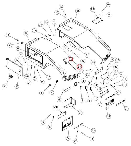 Vulcan 810 Power Tilt body assembly diagram showing part 810010006 at item 25