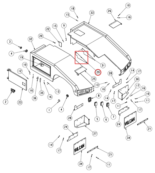 Vulcan 810 Power Tilt body assembly diagram showing part 810031100 at item 29