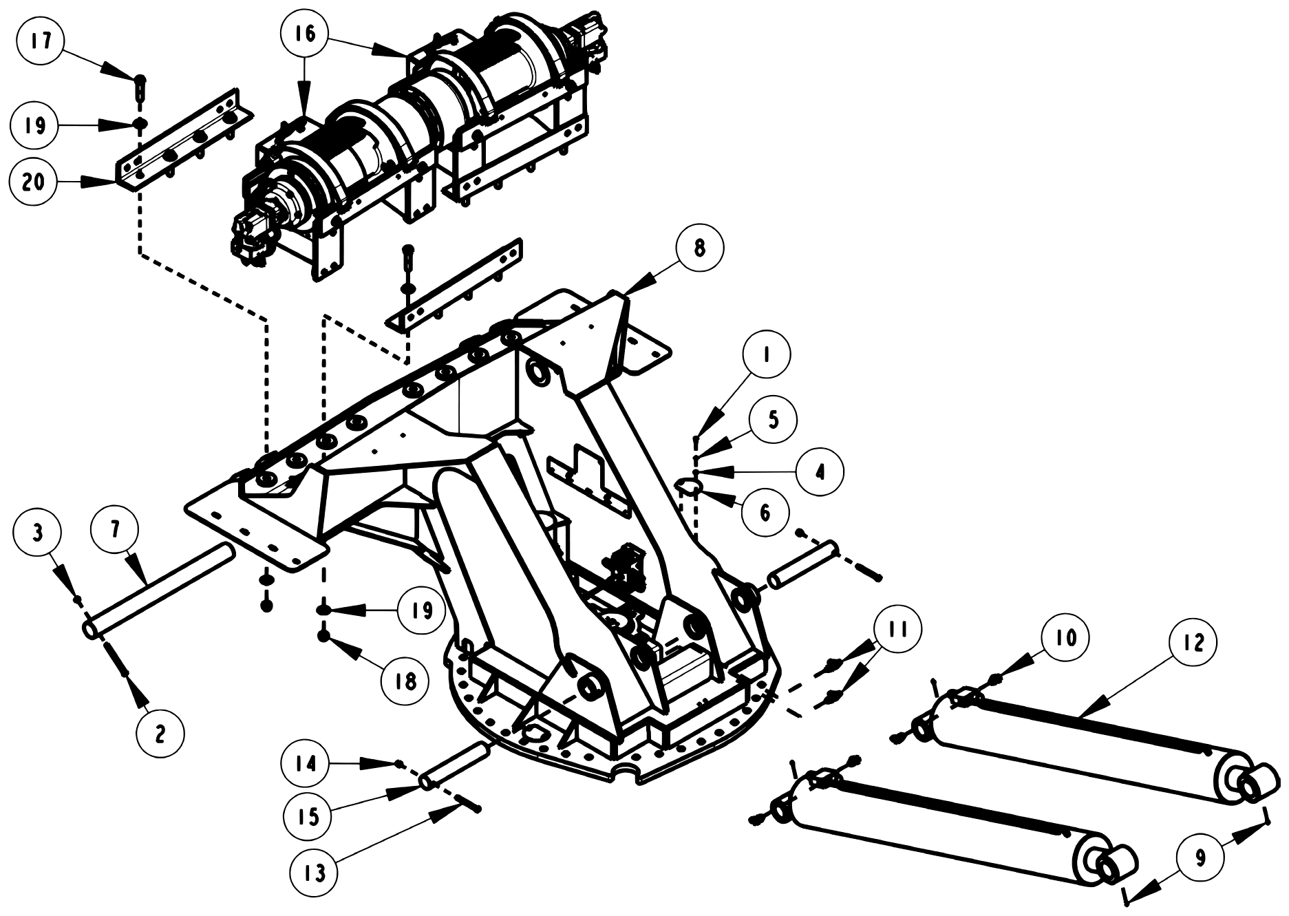 Century 1150 Knee Boom & Underlift Wrecker Frame Assembly (No Side Drag Winch Option) diagram