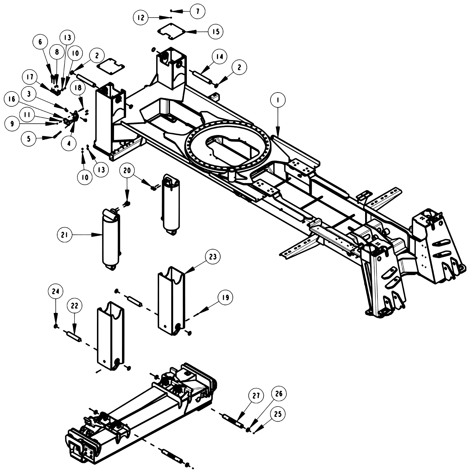 Century 1150 Knee Boom & Underlift 2-Stage/3-Stage Front Outrigger Assembly diagram