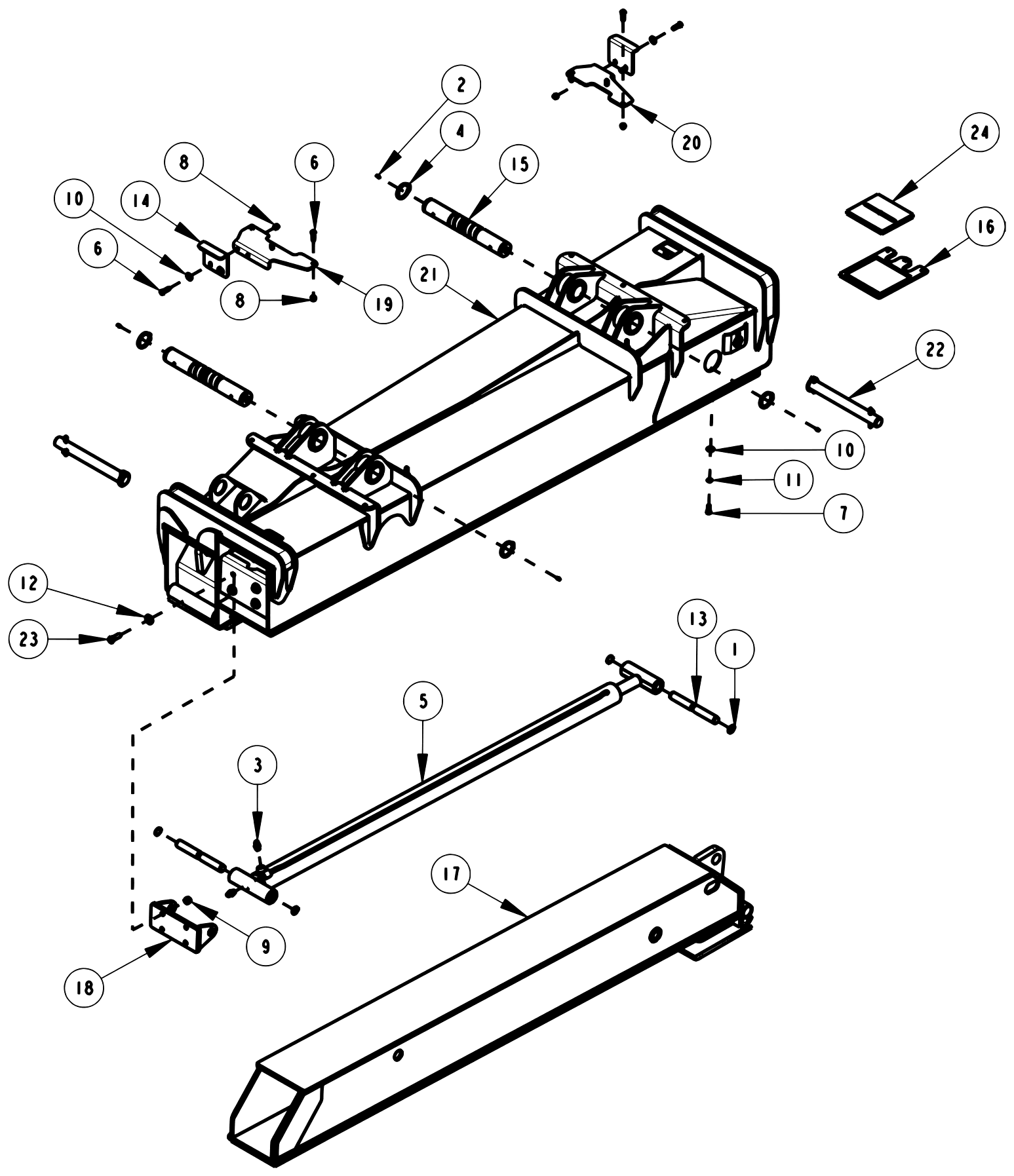 Century 1150 Knee Boom & Underlift 2-Stage Front Outrigger Horizontal Assembly diagram