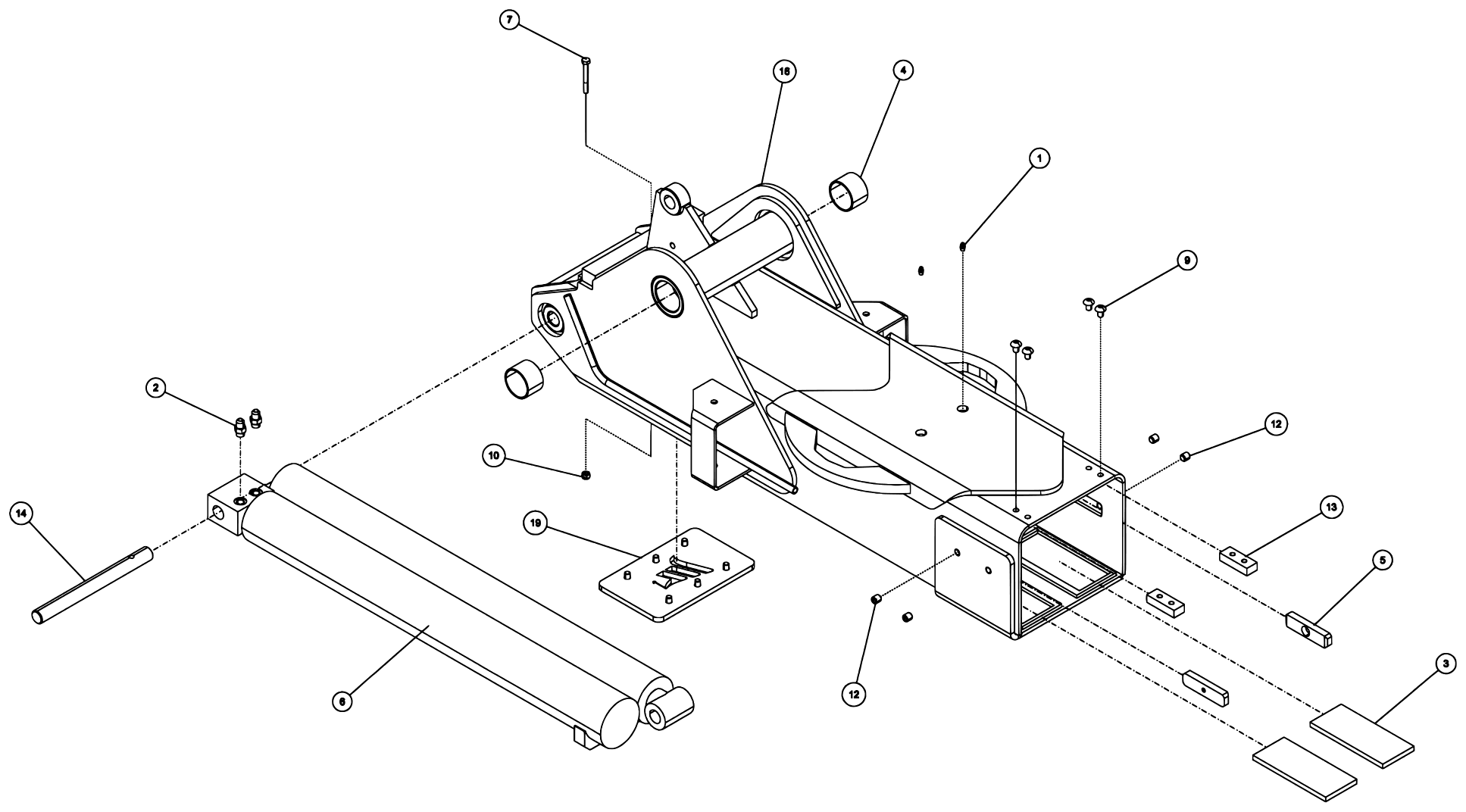 Century 4024 / T2 Boom - Horizontal Assembly (0903752) (Cont'd) – Outer Underlift Weld't, Extend Cylinder, Stop Plates, & Slide Pads diagram