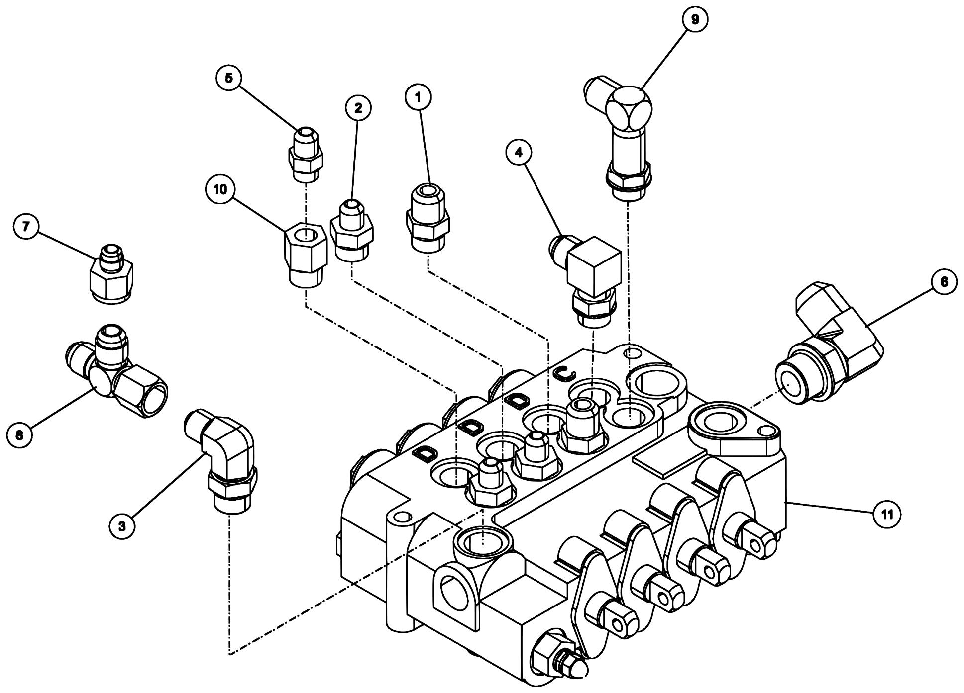 Century 4024 / T2 Valve Assembly - 4-Spool Parker (0906494) diagram