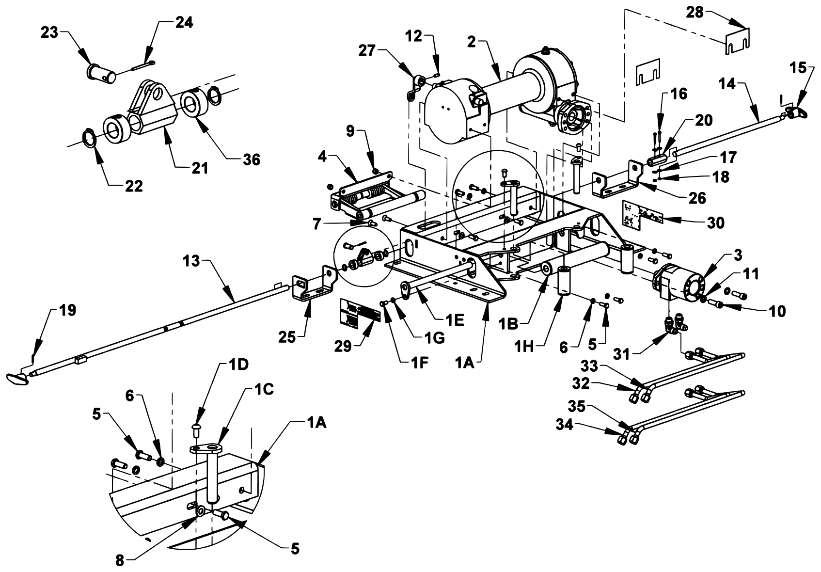 Century Series 16 Gen 2 (2025 manual) Ramsey HD234 Manual-Shift Winch Group with Dual Clutch Control Rod Assembly diagram