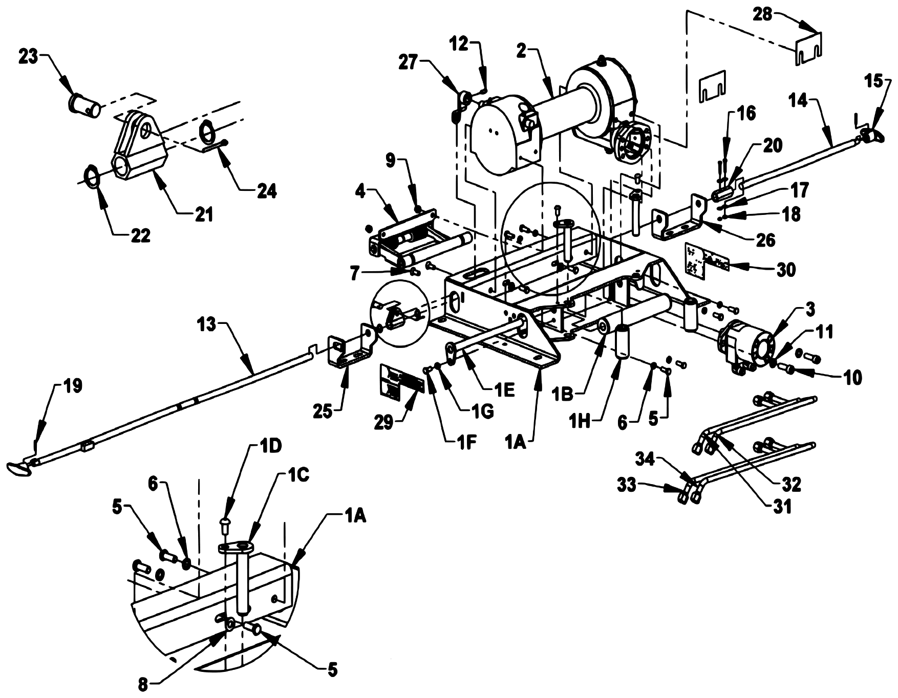 Vulcan Series 10 Gen 2 (2022 manual) Ramsey HD234 Manual-Shift Winch Group with - Dual Clutch Control Rod Assembly diagram