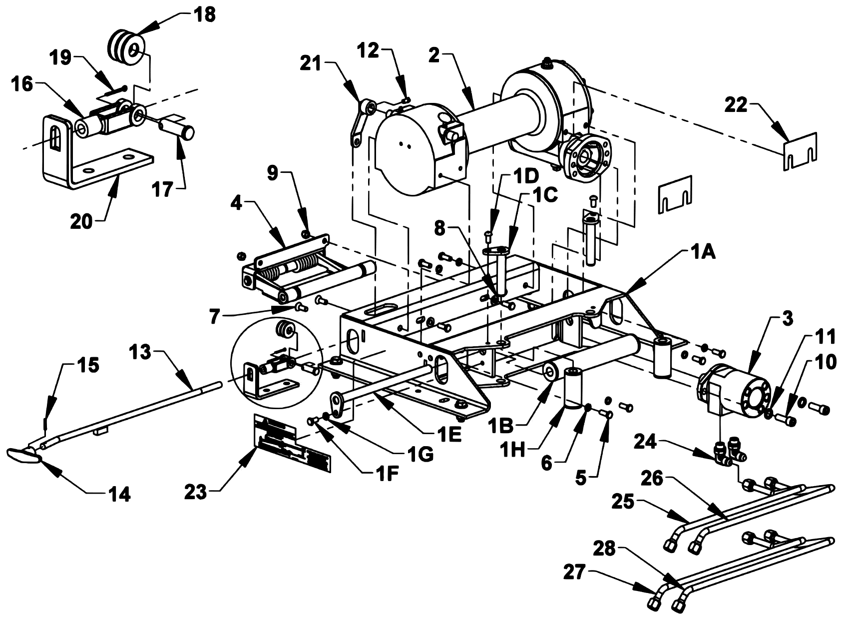 Chevron Series 16 LCG Gen 2 (2025 manual) Ramsey HD234 Manual-Shift Winch Group - W/Single Clutch Control Rod Assembly - (Underwind) diagram