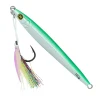 Hogy 5 inch 3.5 oz Sand Eel metal jig with pre-rigged teaser assist hook on white background green