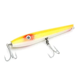 Stan Gibbs Lures Canal Special 7.5-inch 3 1/8-ounce wooden pencil popper plug featuring a flattened belly keel, cupped popping head, thru-wire stainless steel hardware, and saltwater treble hooks against a plain background. Yellow
