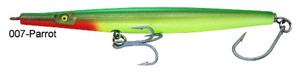 Super Strike Super "N" Fish 6 inch 2 3/8oz Sinking Needlefish surf plug with black eyes, treble hooks, and through-wire construction for striped bass fishing Parrot Green