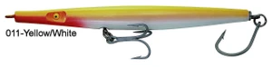 Super Strike Super "N" Fish 6 inch 2 3/8oz Sinking Needlefish surf plug with black eyes, treble hooks, and through-wire construction for striped bass fishing Yellow White