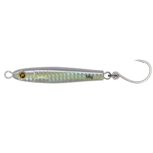 Hogy 2 inch 3/4 oz Heavy Minnow metal jig in holographic finish with VMC inline hook Silver side