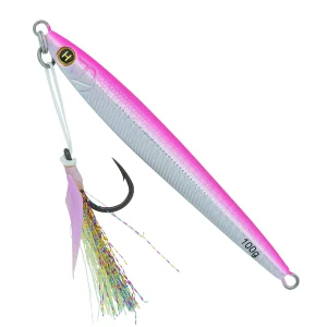 Hogy 5 inch 3.5 oz Sand Eel metal jig with pre-rigged teaser assist hook on white background pink