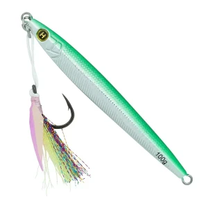 Hogy 6 inch 6.5 oz Sand Eel metal jig with pre-rigged teaser assist hook on white background green