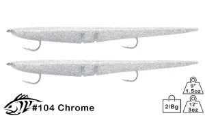Lunker City 12" Pre-Rigged Slug-Go Soft Plastic Stickbait – 2 Count Pack with Molded-In Tandem Hooks for Striped Bass & Saltwater Gamefish Chrome