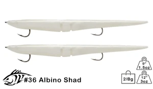 Lunker City 9" Pre-Rigged Slug-Go Soft Plastic Stickbait – 2 Count Pack with Molded-In Tandem Hooks for Striped Bass & Saltwater Gamefish Albino Shad Pearl White